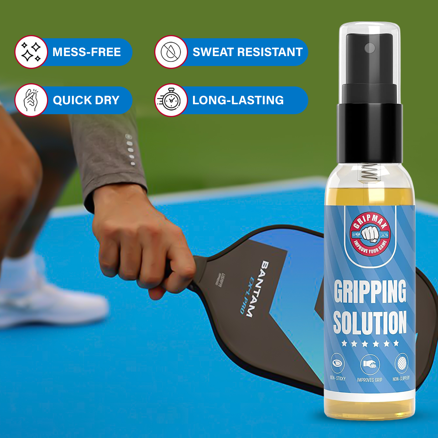 Pickleball player gripping a paddle with GRIPMAX gripping solution