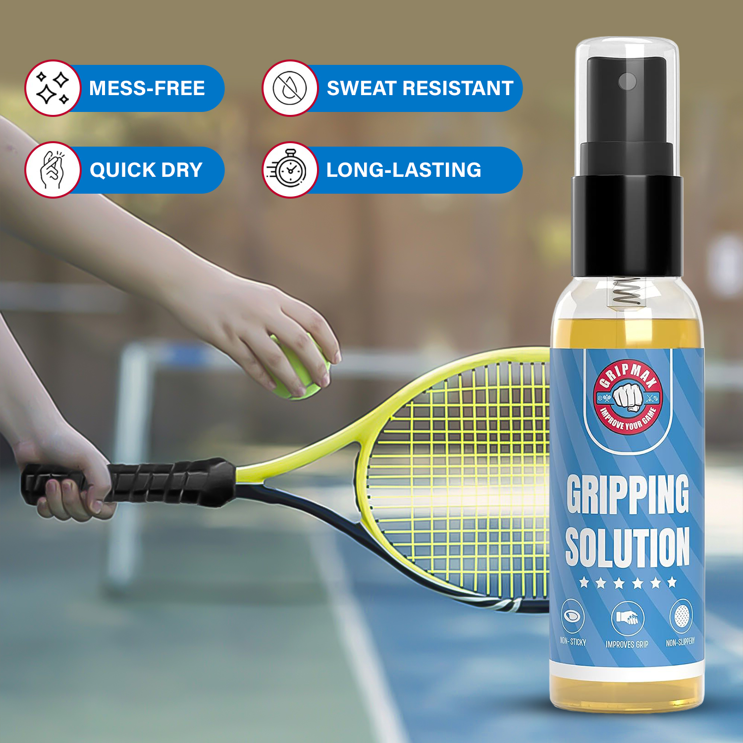 GRIPMAX Gripping Solution bottle beside a player holding a tennis racket